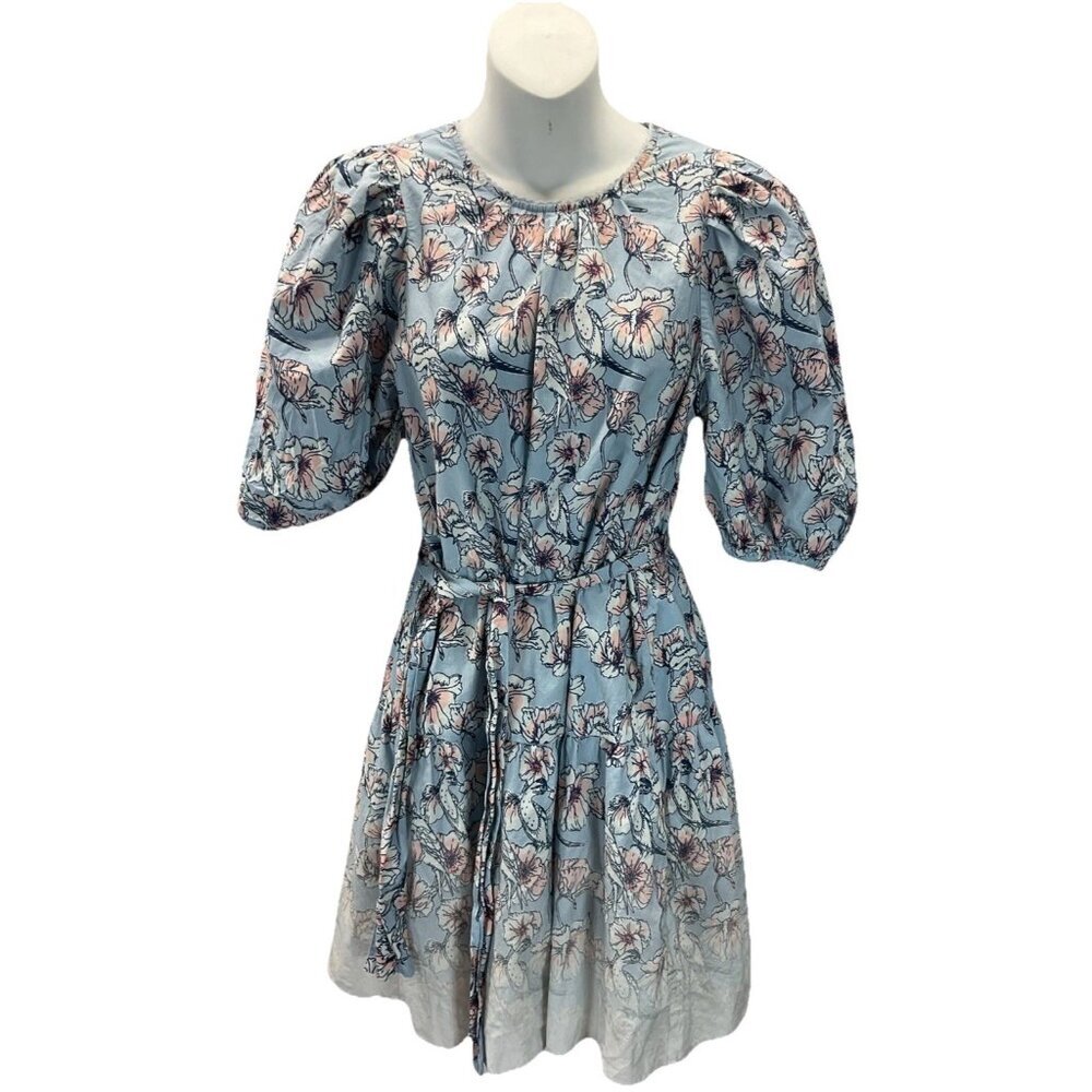 St. Roche Ciel Cotton Floral Print Puff Sleeve Mini Dress Blue Ombré Bird Belt 4